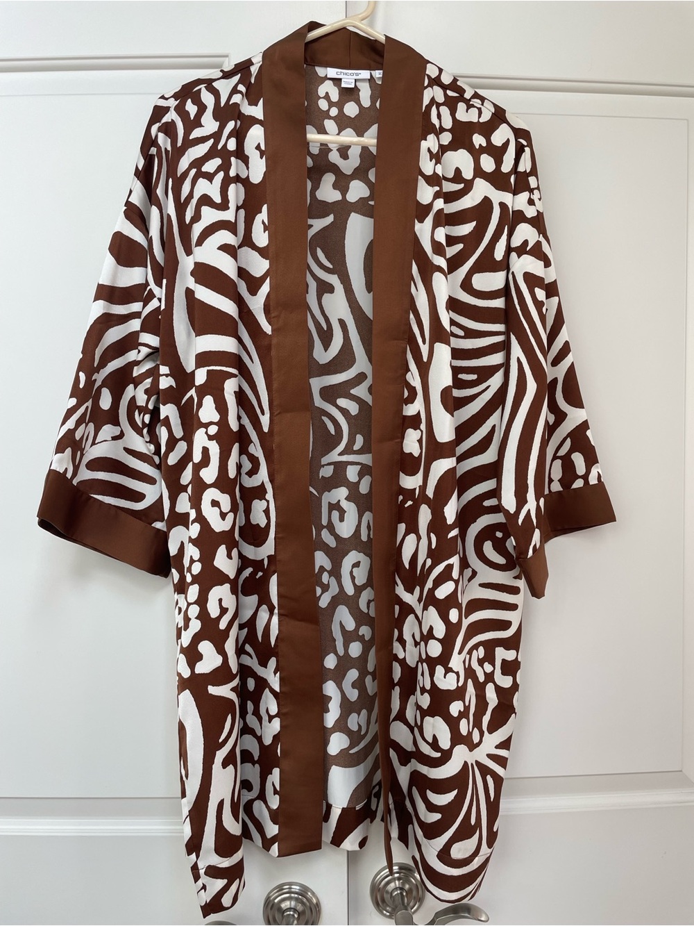 Chico's Brown & White Animal Abstract Print Kimono Topper Jacket – Size L/XL